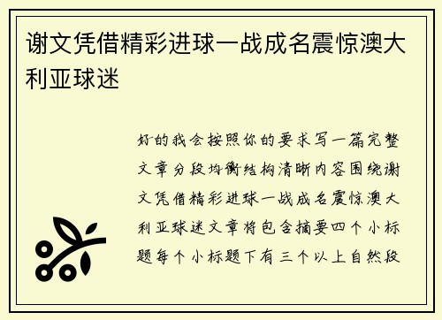 谢文凭借精彩进球一战成名震惊澳大利亚球迷